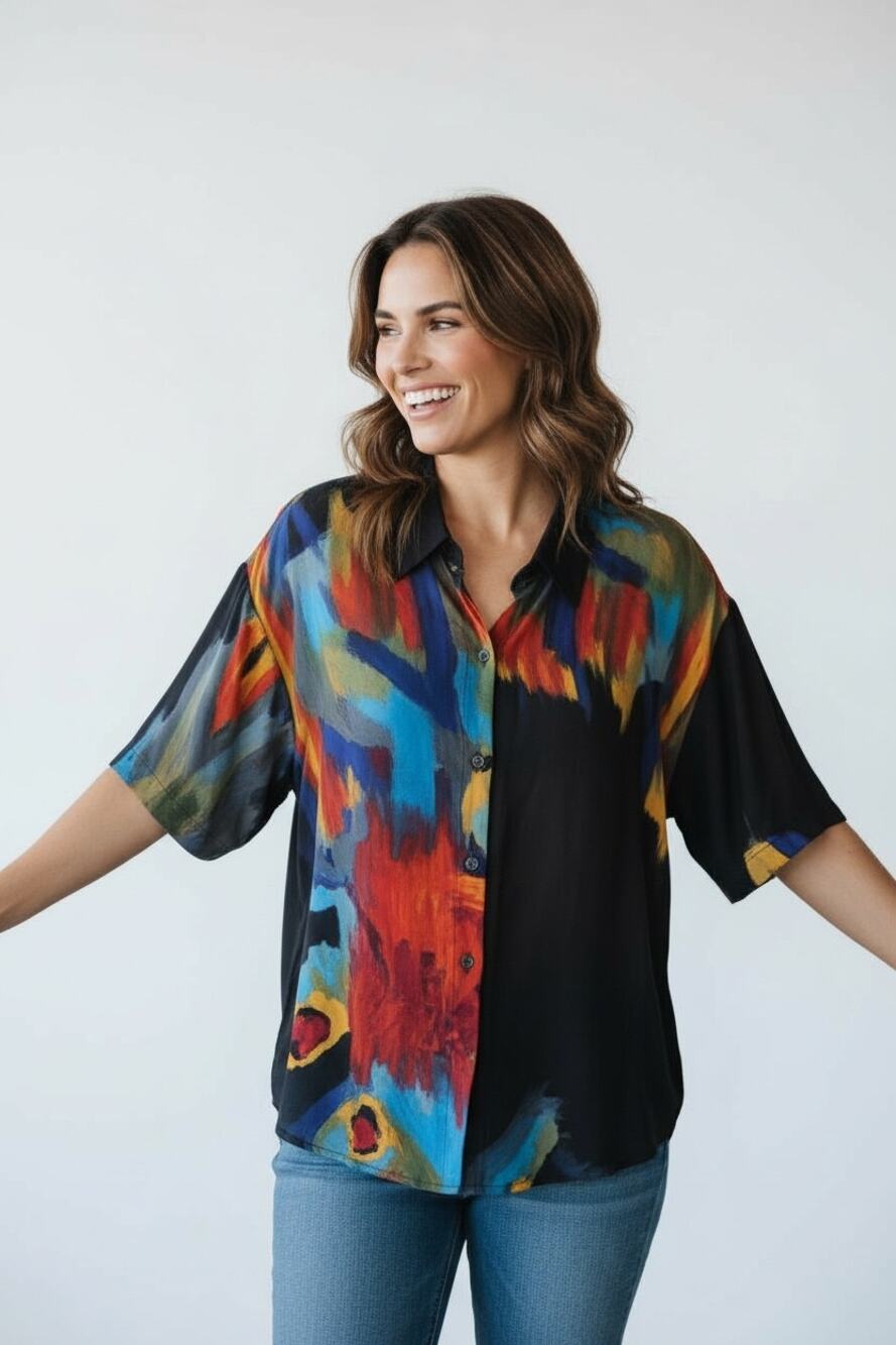 We Be Bop Artsy Short Sleeve Shirt Top Size 0X Rayon